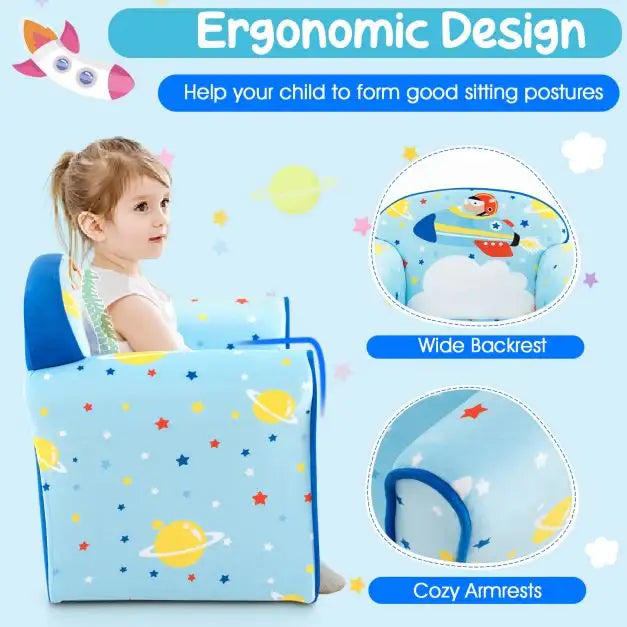 Kids Armchair - Blue and Dark Blue | Velvet Upholstered Chair - Solid Wood Frame COSTWAY - Little and Giant Explorers Costway