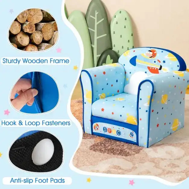 Kids Armchair - Blue and Dark Blue | Velvet Upholstered Chair - Solid Wood Frame COSTWAY - Little and Giant Explorers Costway