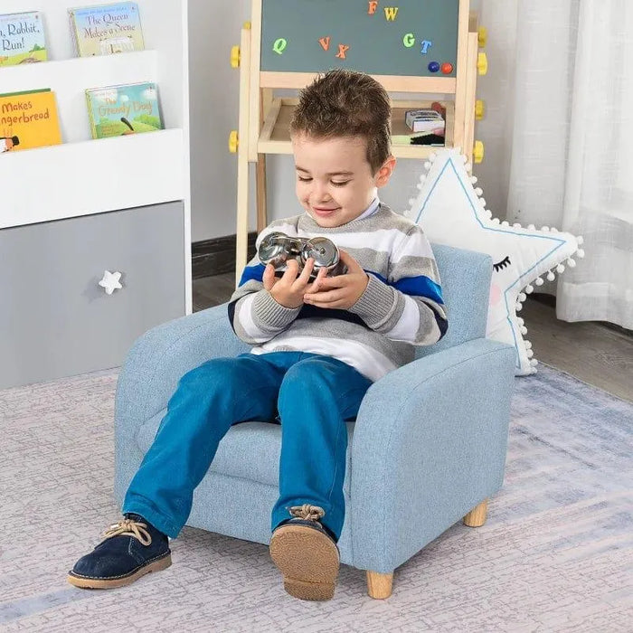 Kids Armchair Blue | Linen Upholstery with Solid Wood Frame - Little and Giant Explorers HOMCOM