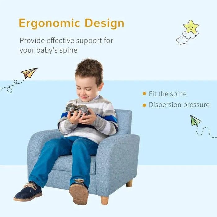 Kids Armchair Blue | Linen Upholstery with Solid Wood Frame - Little and Giant Explorers HOMCOM