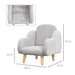 Grey kids armchair with natural wood legs, cloud design, velvet upholstery, size dimensions shown