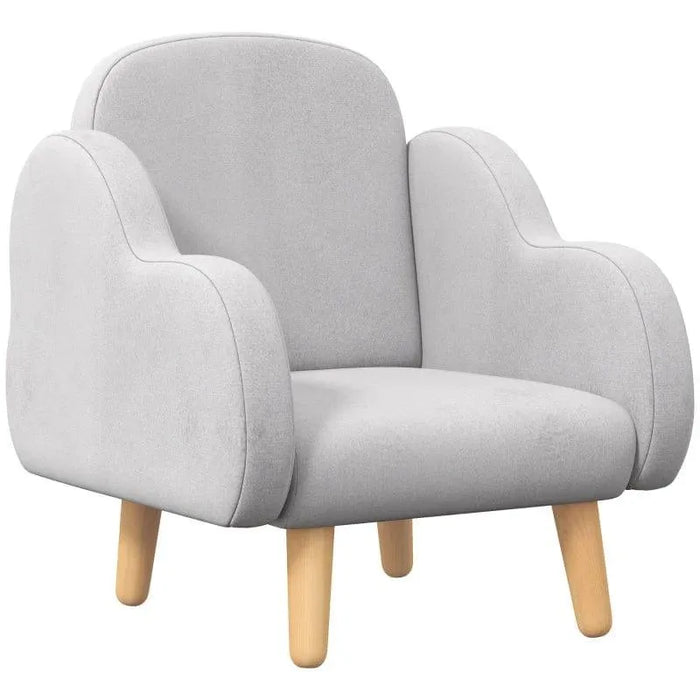 Kids grey velvet armchair with cloud-shaped back and arms, natural wood legs