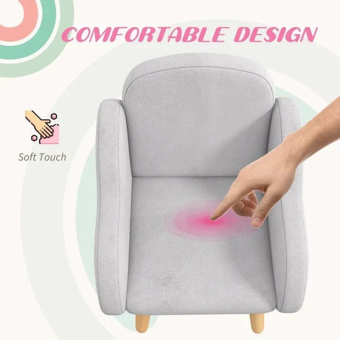 Grey kids armchair with soft Dutch velvet, comfortable design, natural wood legs