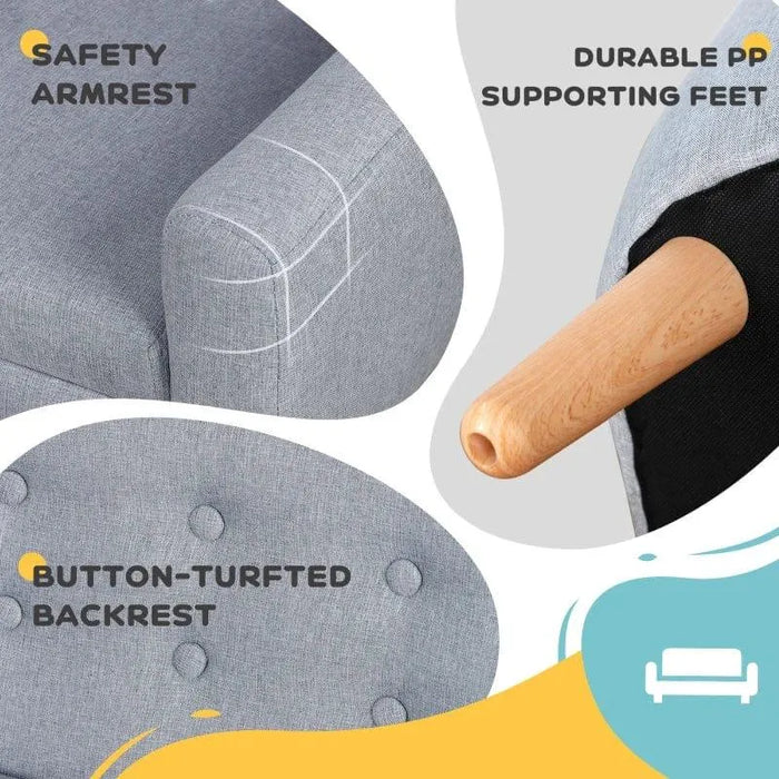 Grey kids armchair or two-seater sofa with wooden legs, button-tufted backrest, safety armrest, and durable PP feet.