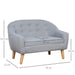 Grey kids armchair two-seater sofa in linen look with wooden legs, size dimensions shown.
