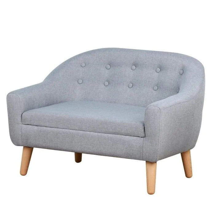 Kids grey linen-look two-seater sofa with wooden legs and button tufted backrest