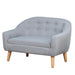 Kids grey linen-look two-seater sofa with wooden legs and button tufted backrest
