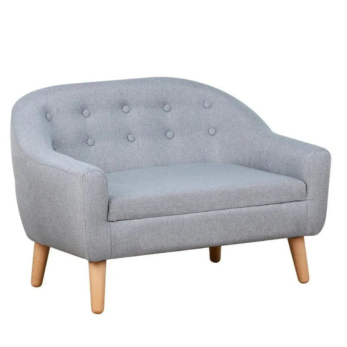 Kids grey linen-look two-seater armchair sofa with wooden legs and tufted backrest