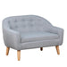 Kids grey linen-look two-seater armchair sofa with wooden legs and tufted backrest