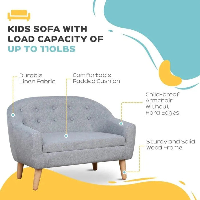 Grey kids armchair or two-seater sofa with linen fabric and wooden legs, child-proof design.