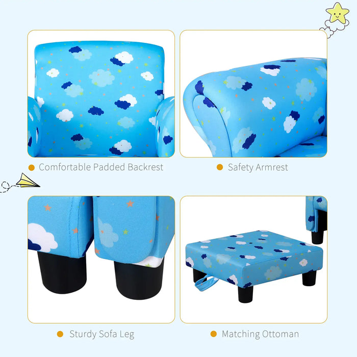 Blue kids armchair and ottoman with cloud pattern, sturdy legs, padded backrest, safety armrest