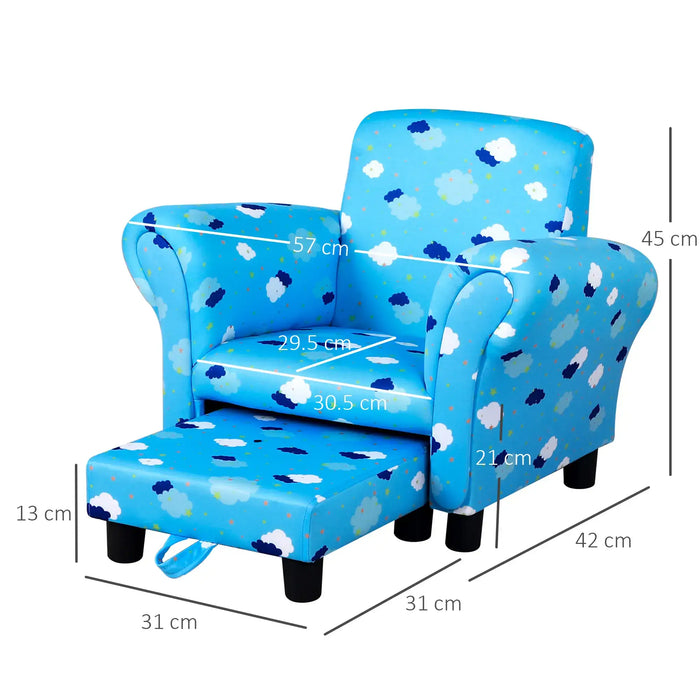 Blue kids armchair with cloud pattern, matching ottoman, and labeled measurements in cm
