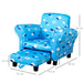 Blue kids armchair with cloud pattern, matching ottoman, and labeled measurements in cm