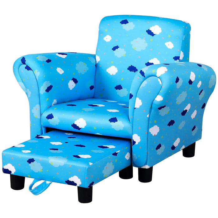 Blue kids armchair with cloud print and pull-out footrest, children's furniture
