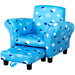 Blue kids armchair with cloud print and pull-out footrest, children's furniture
