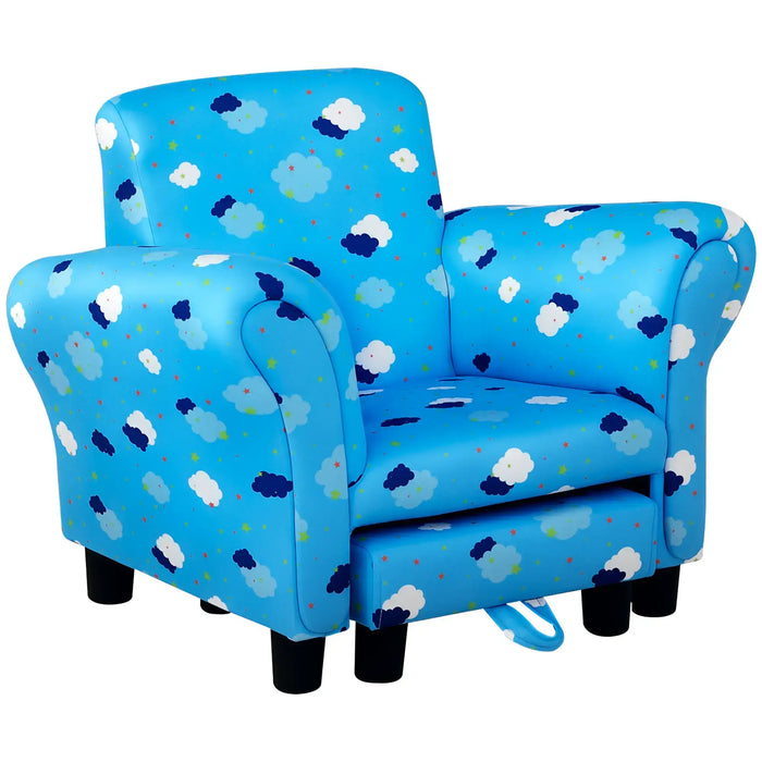 Blue kids recliner chair with cloud and star pattern upholstery