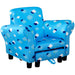 Blue kids recliner chair with cloud and star pattern upholstery