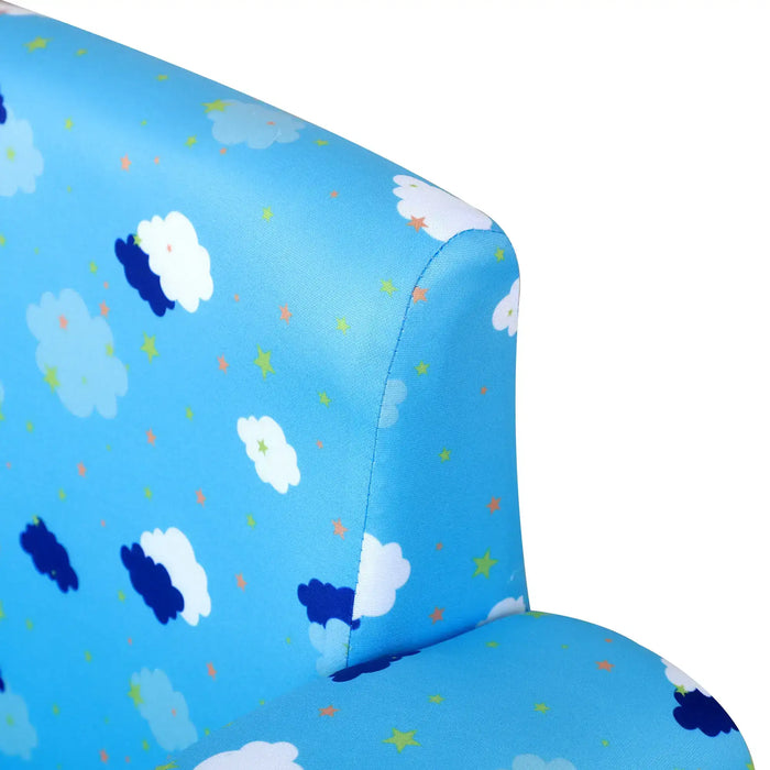 Blue kids chair with cloud and star pattern upholstery