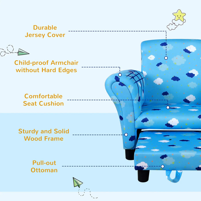 Blue kids armchair with cloud print, pull-out ottoman, sturdy wood frame, child-proof design