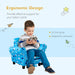 Child sitting on blue ergonomic kids chair, smiling and holding toy, with spine support info.