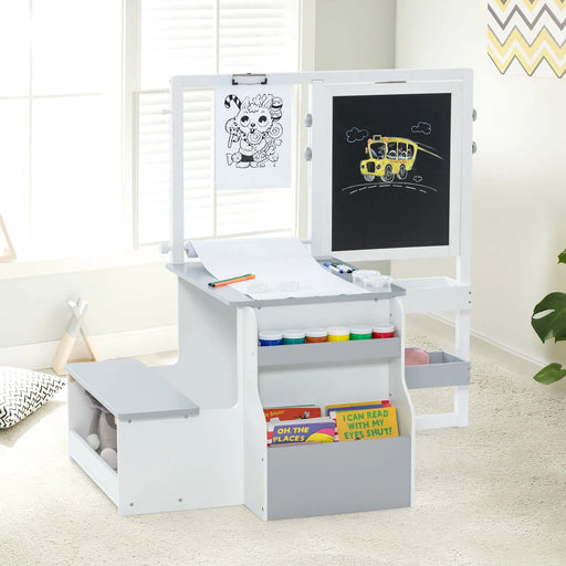 Kids Art Easel Table and Bench Set with Bookshelf in Light Grey - Little and Giant Explorers Costway