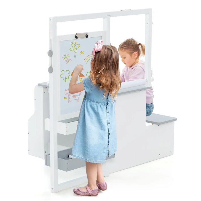 Kids Art Easel Table and Bench Set with Bookshelf in Light Grey - Little and Giant Explorers Costway