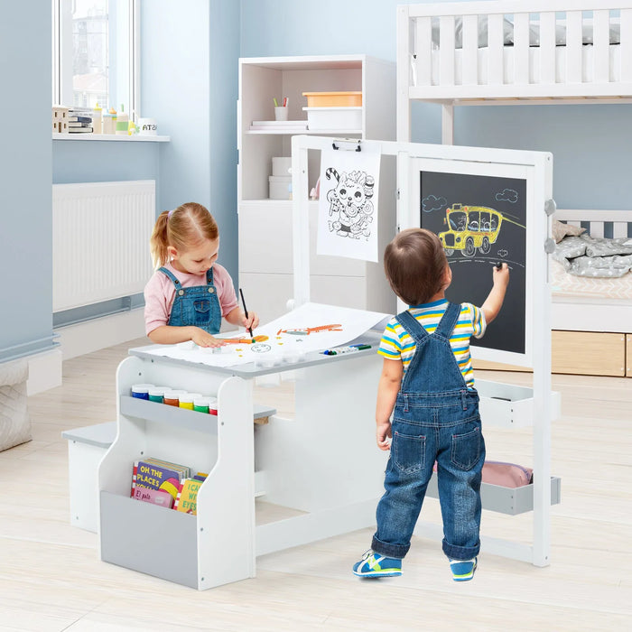 Kids Art Easel Table and Bench Set with Bookshelf in Light Grey - Little and Giant Explorers Costway