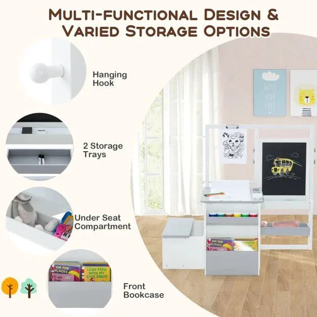 Kids Art Easel Table and Bench Set with Bookshelf in Light Grey - Little and Giant Explorers Costway
