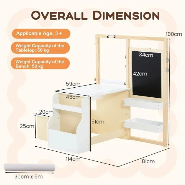 Kids Art Easel Table and Bench Set with Bookshelf in White - Little and Giant Explorers Costway