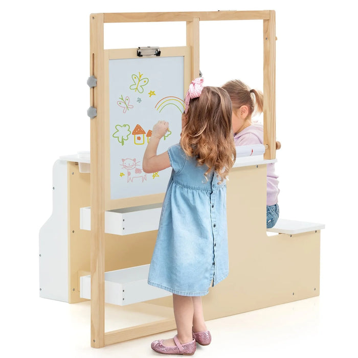 Kids Art Easel Table and Bench Set with Bookshelf in White - Little and Giant Explorers Costway