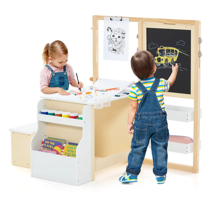 Kids Art Easel Table and Bench Set with Bookshelf in White - Little and Giant Explorers Costway