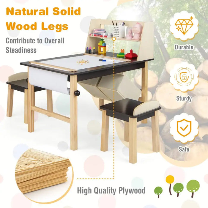 Kids Art Table and Chairs Set | 2-Tier Storage with Paper Roll System - Little and Giant Explorers Costway