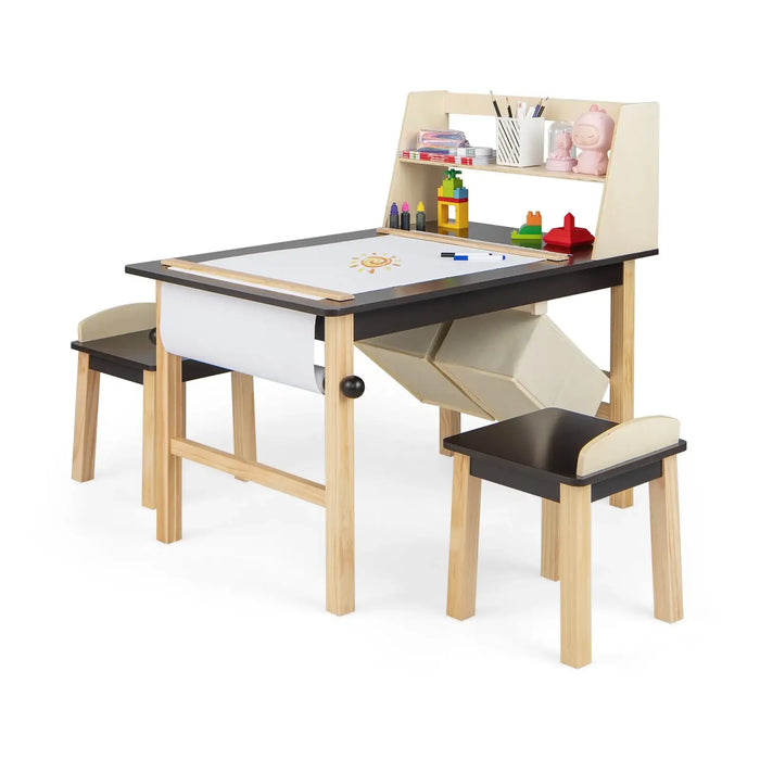 Kids Art Table and Chairs Set | 2-Tier Storage with Paper Roll System - Little and Giant Explorers Costway