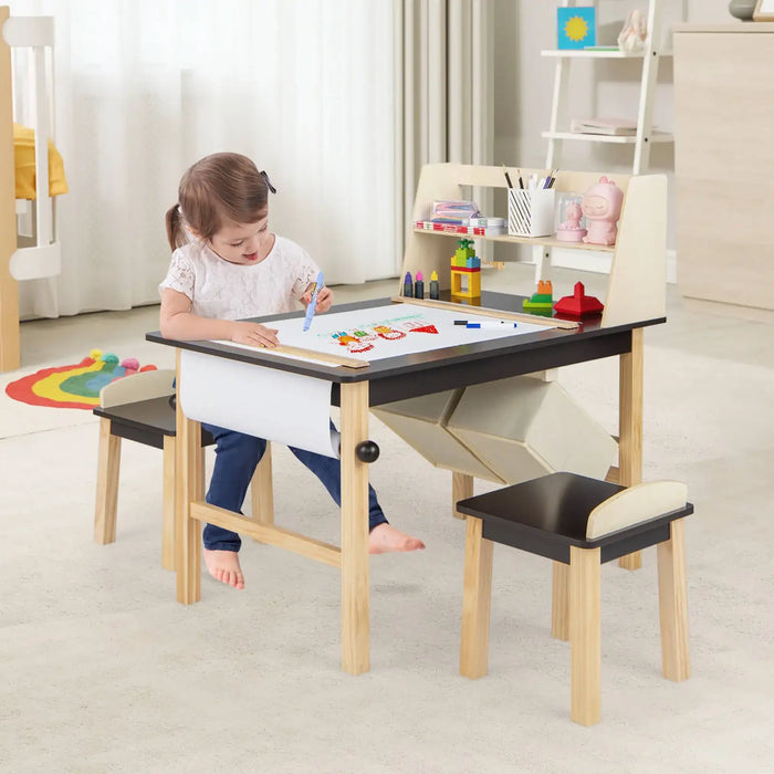 Kids Art Table and Chairs Set | 2-Tier Storage with Paper Roll System - Little and Giant Explorers Costway