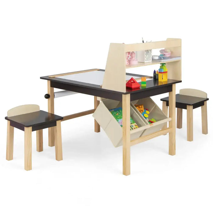 Kids Art Table and Chairs Set | 2-Tier Storage with Paper Roll System - Little and Giant Explorers Costway