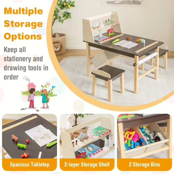 Kids Art Table and Chairs Set | 2-Tier Storage with Paper Roll System - Little and Giant Explorers Costway