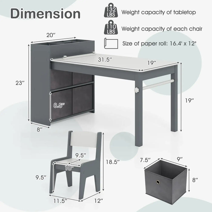 Kids Art Table and Chairs Set – Grey and White | 2 Chairs and 1 Storage Desk with Paper Roll COSTWAY - Little and Giant Explorers Costway