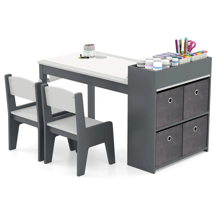 Kids Art Table and Chairs Set – Grey and White | 2 Chairs and 1 Storage Desk with Paper Roll COSTWAY - Little and Giant Explorers Costway