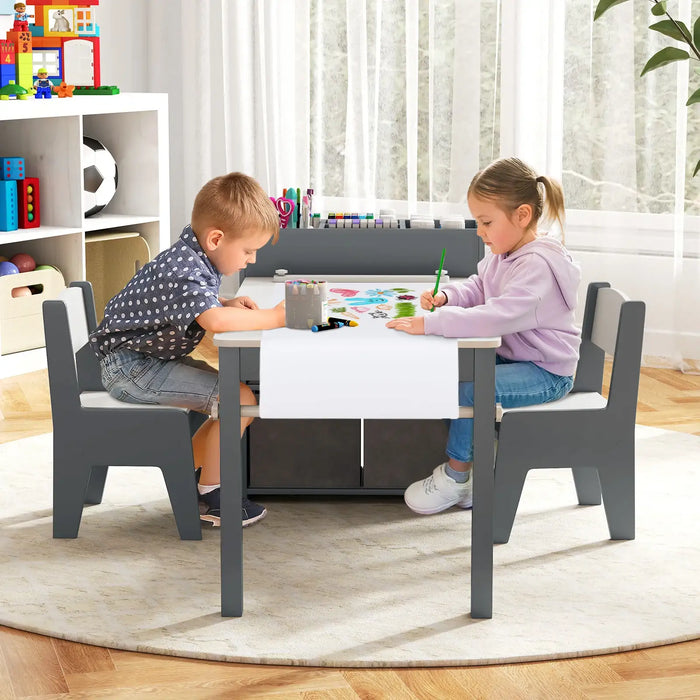 Kids Art Table and Chairs Set – Grey and White | 2 Chairs and 1 Storage Desk with Paper Roll COSTWAY - Little and Giant Explorers Costway