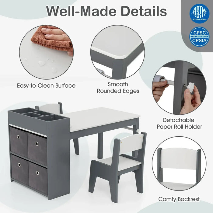 Kids Art Table and Chairs Set – Grey and White | 2 Chairs and 1 Storage Desk with Paper Roll COSTWAY - Little and Giant Explorers Costway