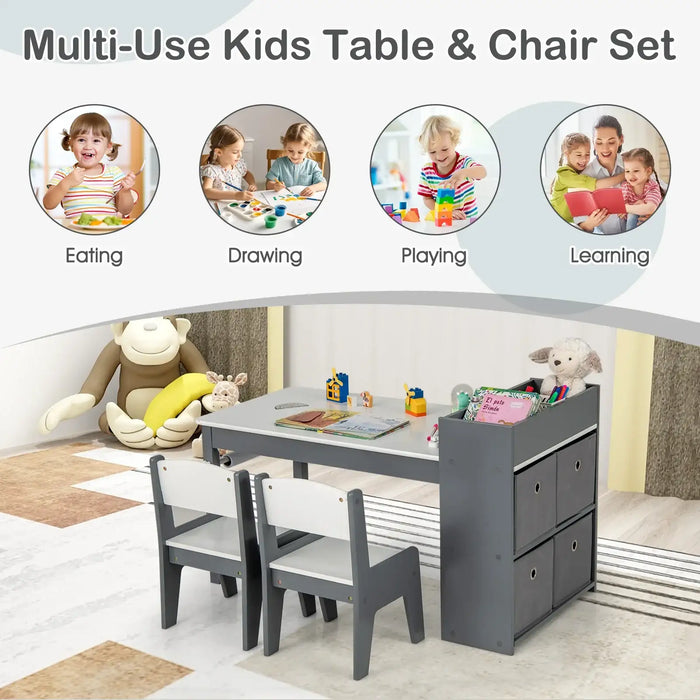 Kids Art Table and Chairs Set – Grey and White | 2 Chairs and 1 Storage Desk with Paper Roll COSTWAY - Little and Giant Explorers Costway
