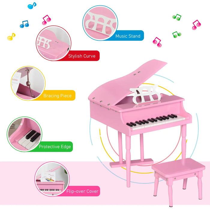 Kids pink 30-key grand piano with matching bench, music stand, and colorful labeled features