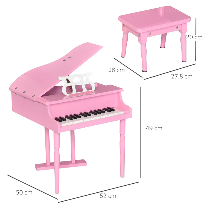 Kids pink 30-key miniature grand piano with matching bench and size dimensions displayed