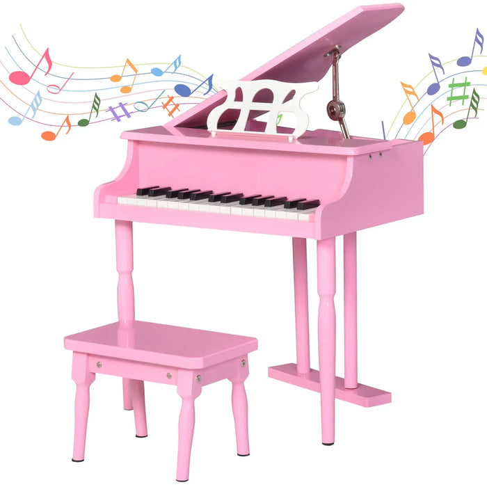 Kids baby pink 30-key miniature grand piano with matching bench and colorful musical notes