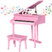 Kids baby pink 30-key miniature grand piano with matching bench and colorful musical notes