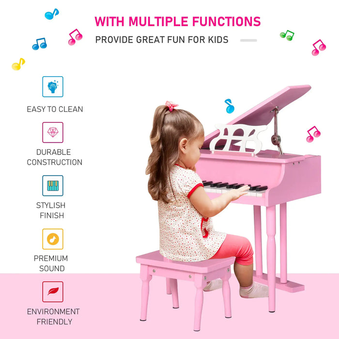 Young girl playing pink kids grand piano with matching bench, music-themed fun for children