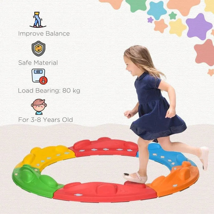 Child balancing on colorful modular balance beam set, ideal for kids aged 3-8 years old.
