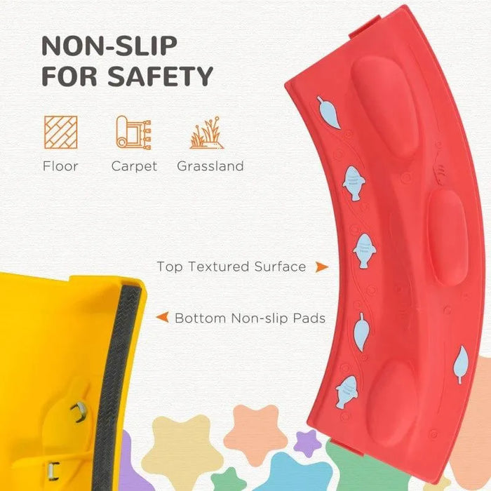 Kids modular balance beam pieces with non-slip pads, textured surface, and safety icons.