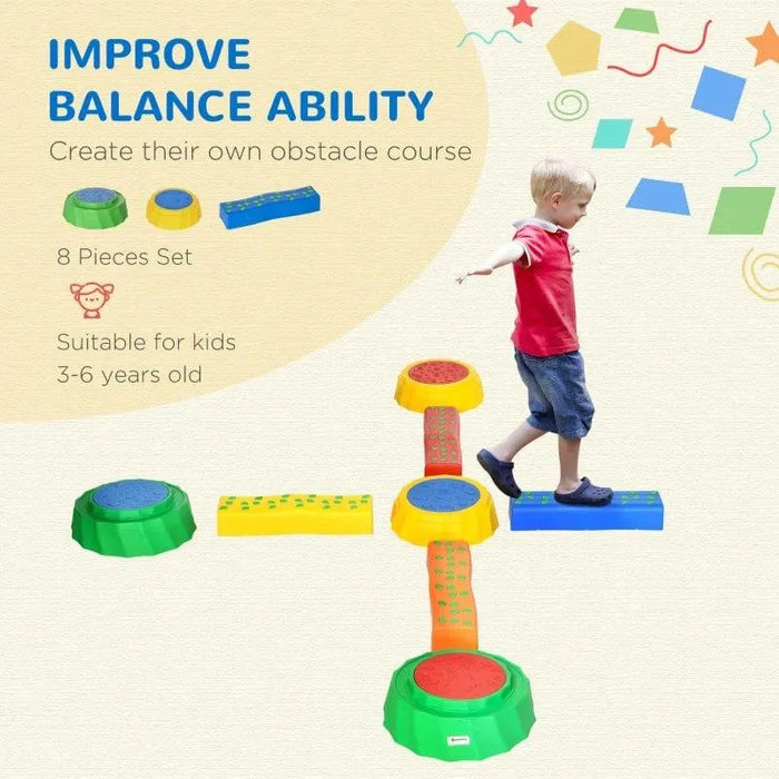 Child balancing on colorful kids' balance beams and stepping stones obstacle set