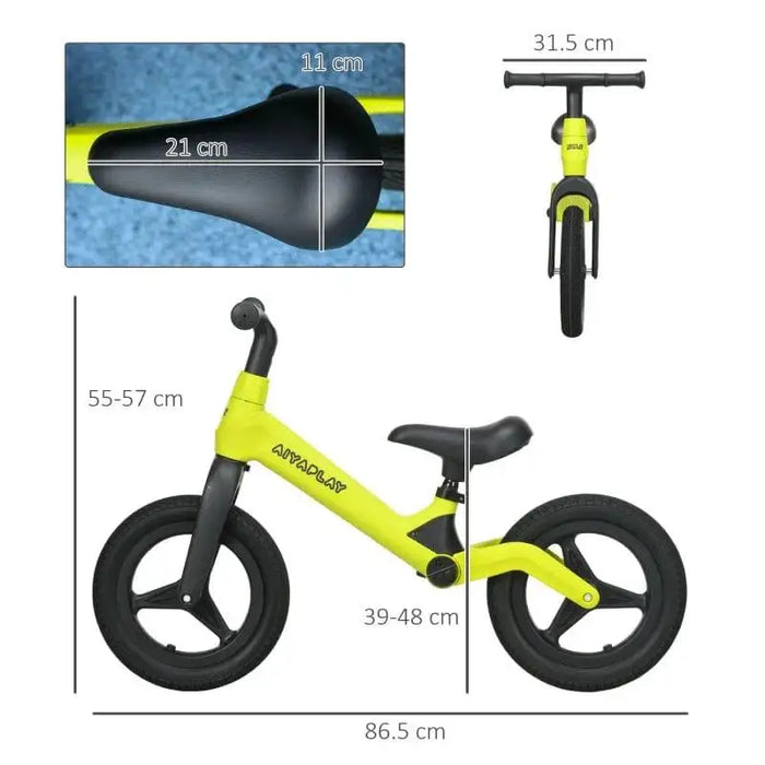 Green and black kids' balance bike with adjustable seat and handlebar, size dimensions shown